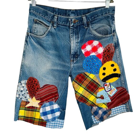 Reworked OOAK Jorts Denim Patchwork‎ Shorts Y2k Streetwear Maximalist Mens 34X13 - Picture 11 of 13